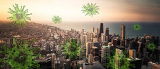 La ville de Chicago et des icônes de coronavirus en surimpression.
